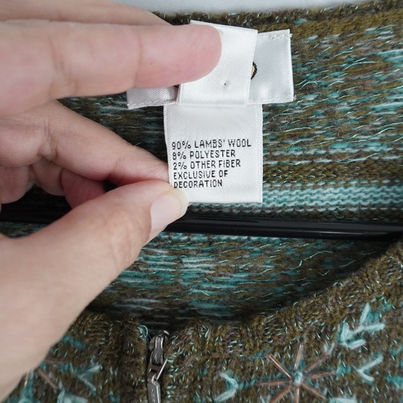 Talbots Womens Fair Isle Snowflake Zip Up Sweater Size Medium Green Blue Wool - Picture 4 of 8